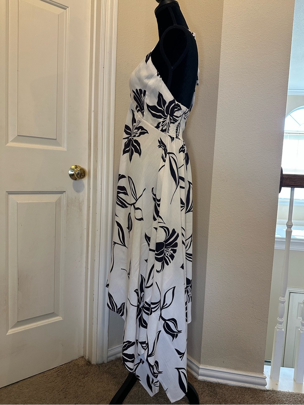 Angie Floral Halter Maxi Dress M White Black Asymmetrical Handkerchief Hem - Picture 4 of 9